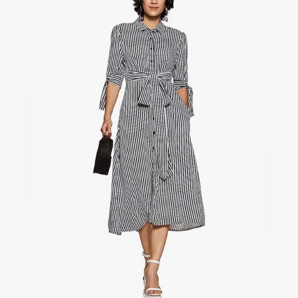 MANGO Black White Striped Shirt Midi Tie Dress